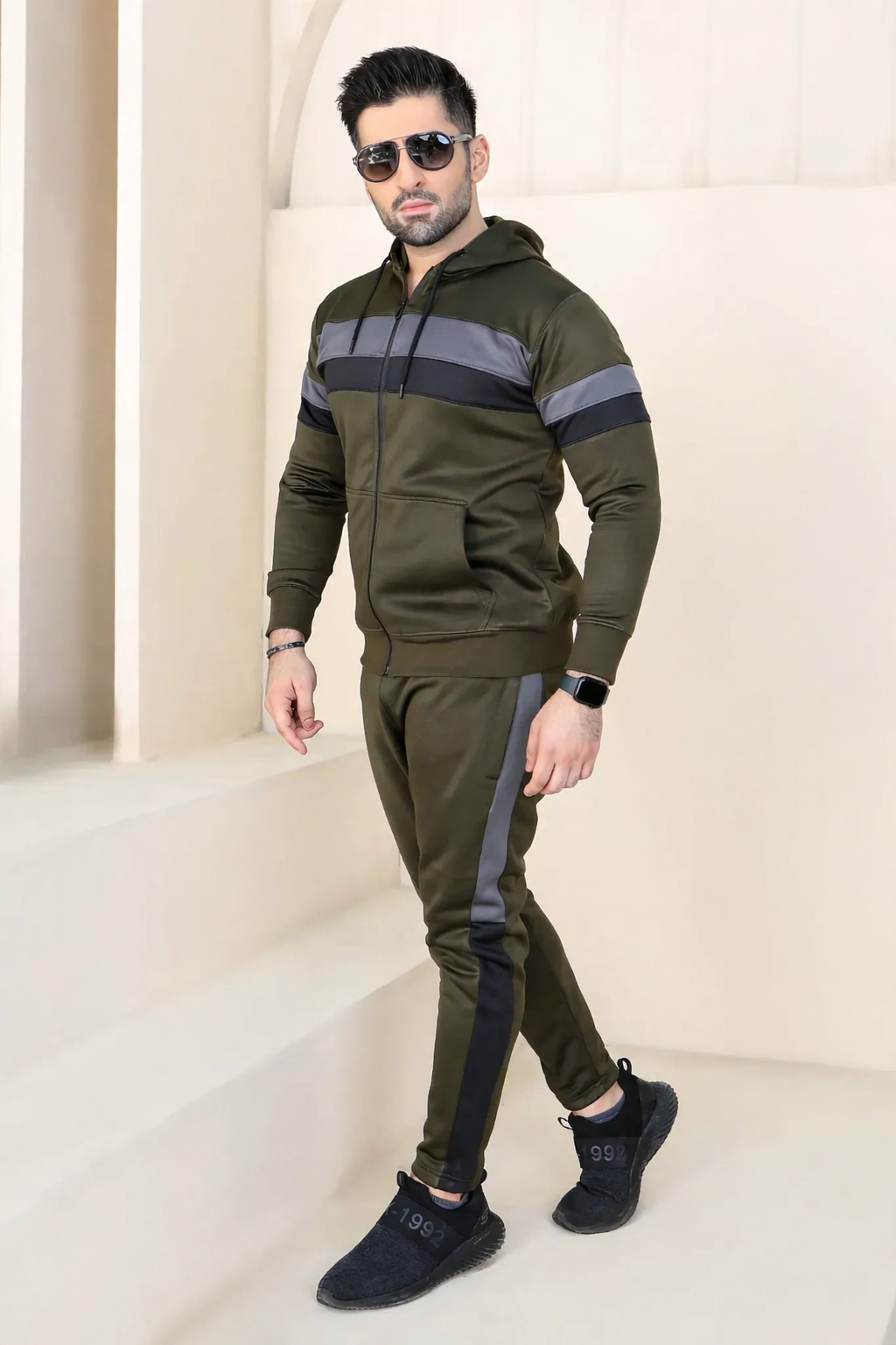 Premium Winter Tracksuit Fleece – olive & Black gray Hoodie & Trouser