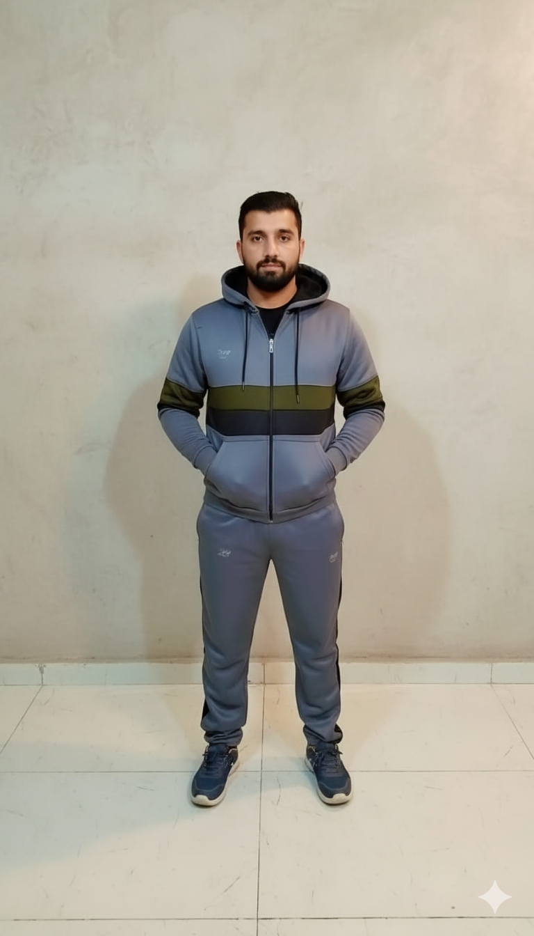 Premium Winter Tracksuit Fleece – Gray, olive & Black Hoodie & Trouser